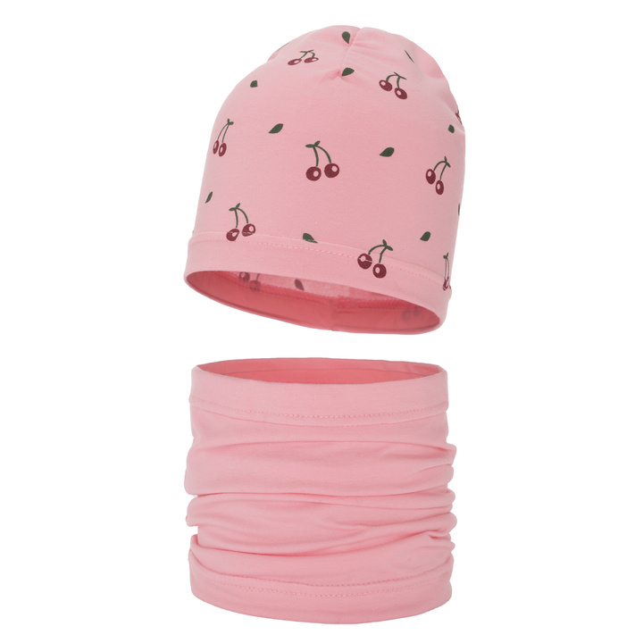 Herbst und Frühlingsset Mädchen baumwolle: Mütze und Schlauchschal Rosa Cerise