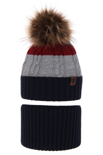 Winterset Jungen: Mütze und Schlauchschal mit Bommel Navy Blau Karmel