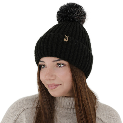 Wintermütze Damen, schwarz, mit Bommel, Calista