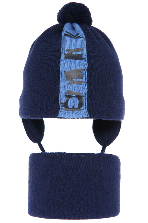 Herbst und Frühlingsset Jungen: Mütze und Schlauchschal mit Bommel Navy Blau Saper