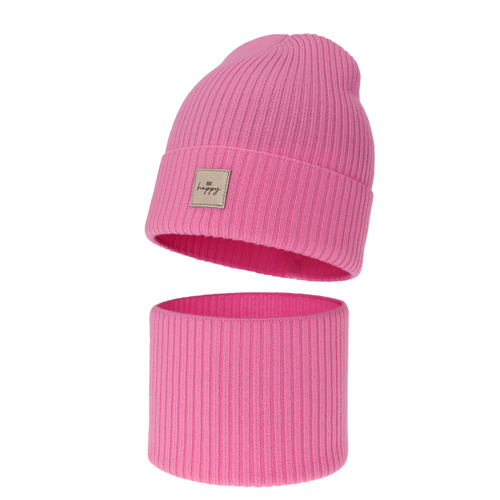 Herbst und Frühlingsset Mädchen: Mütze und Schlauchschal, 100% Merinowolle, Rosa, Vanita