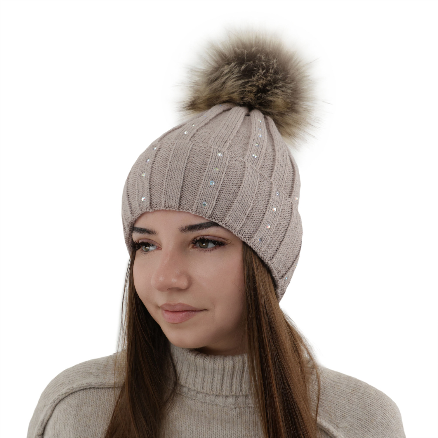 Wintermütze Damen mit Bommel Beige Mada