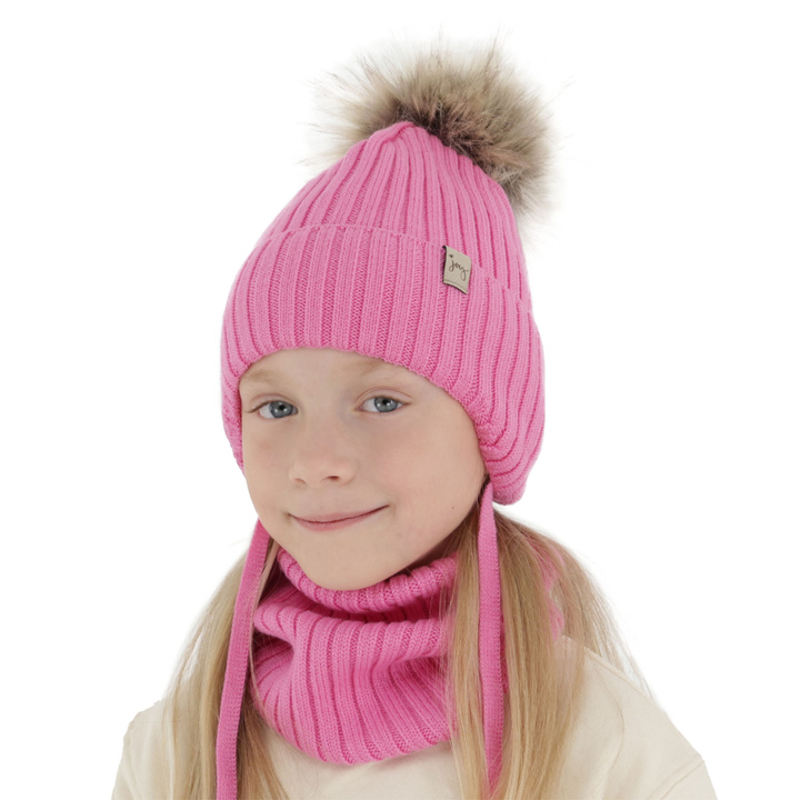 Winterset Mädchen: Mütze und Schlauchschal aus 100% extrafeiner Merinowolle in Rosa Junika