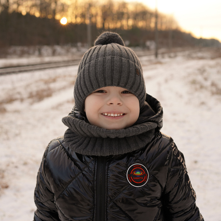 Winterset Jungen: Mütze und Schlauchschal mit Bommel Grau Wiliam