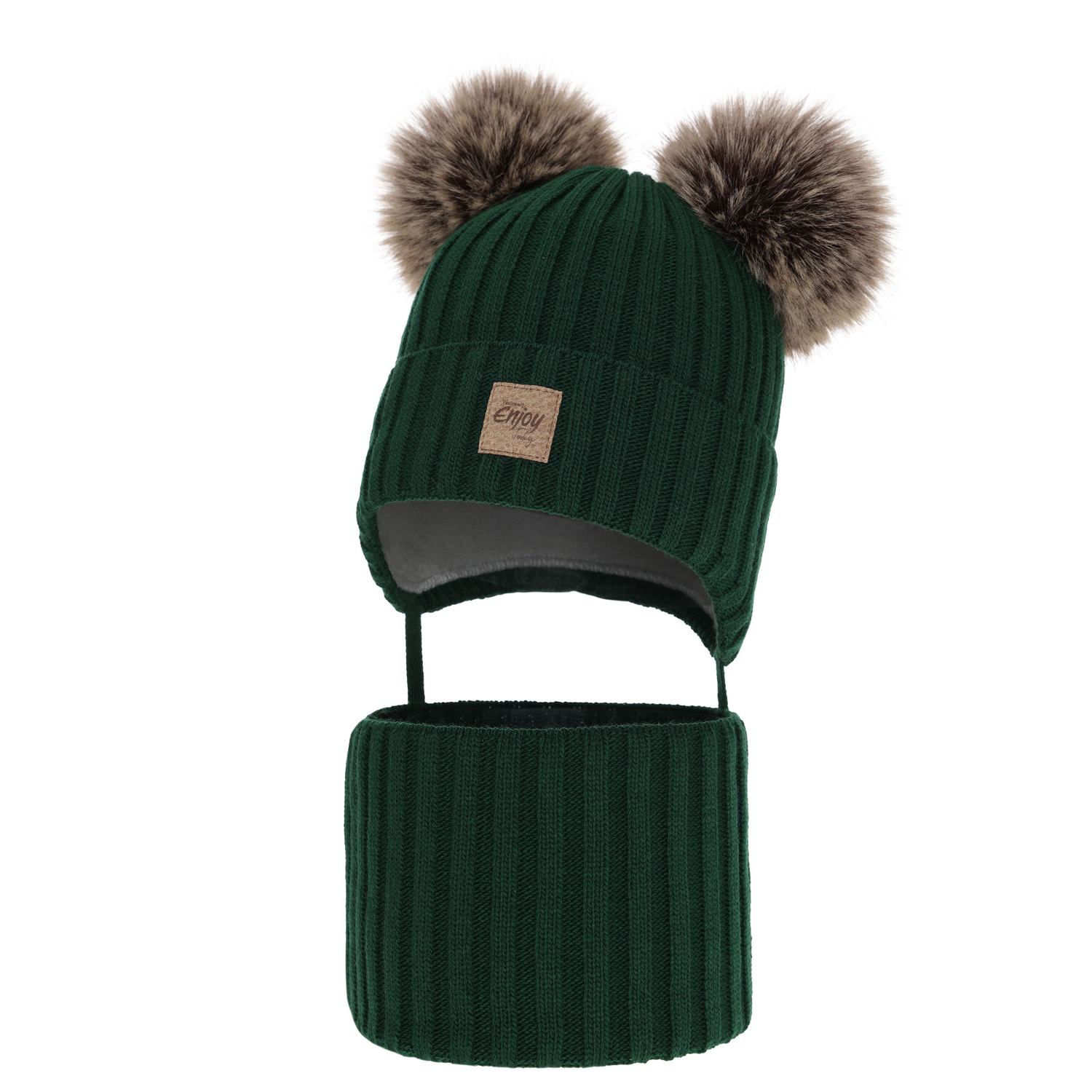 Winterset für Jungen: Mütze und Schlauchschal mit zwei Bommeln Grün Orange