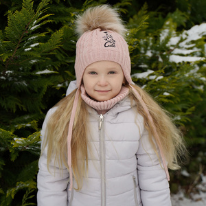 Winterset Mädchen: Mütze und Schlauchschal mit Bommel Beige Treccia