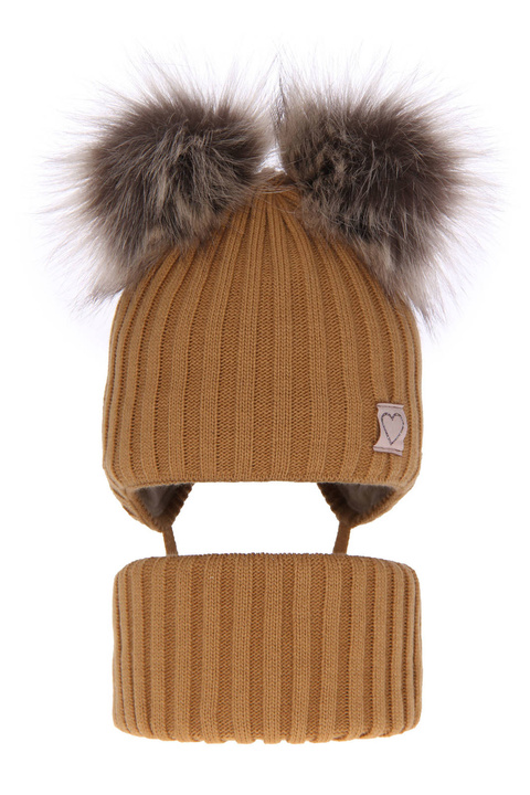 Winterset Mädchen: Mütze und Schlauchschal mit zwei Bommeln Camel Telisa