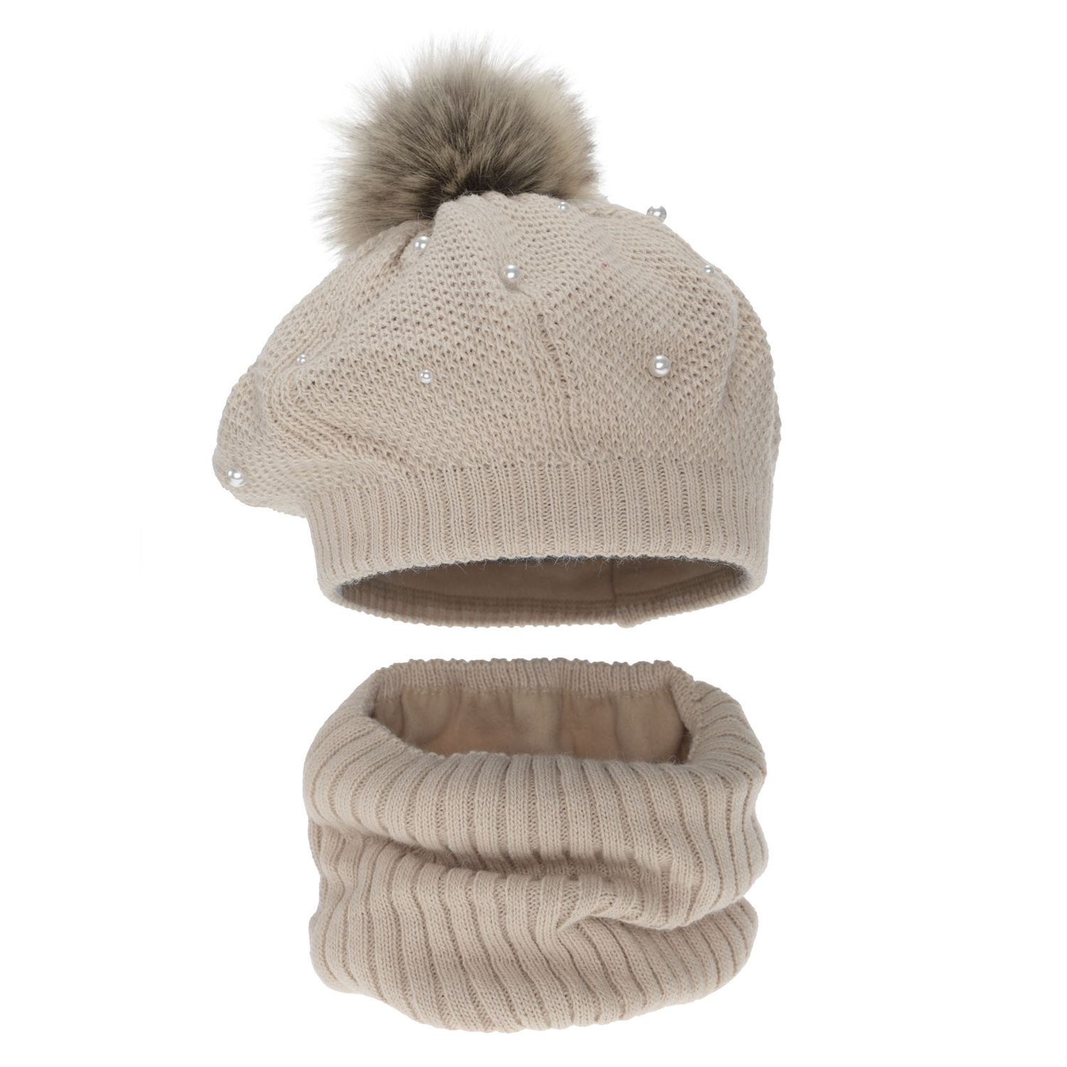 Winterset Mädchen: Baskenmütze und Schlauchschal, winter, beige, mit Bommel, Fleecefutter, Jeanette