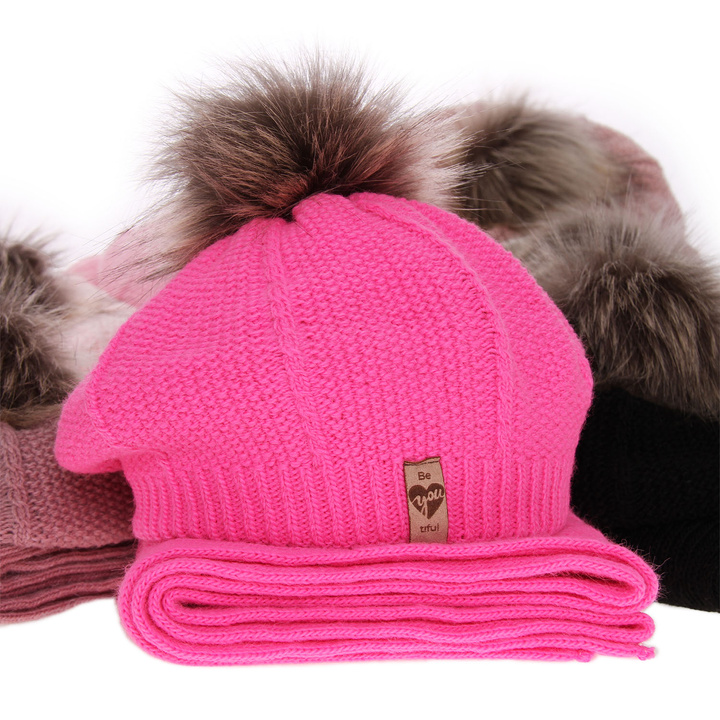 Winterset Mädchen: Mütze und Schal mit Bommel Rosa Elif
