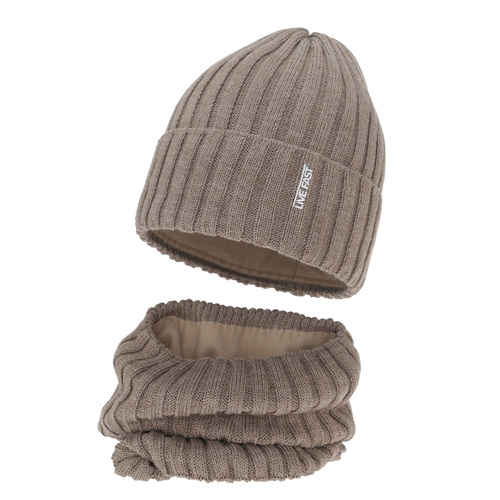 Winterset Jungen: Mütze und Schlauchschal, Winter, beige, mit Merinowolle, Fleecefutter, Banasko