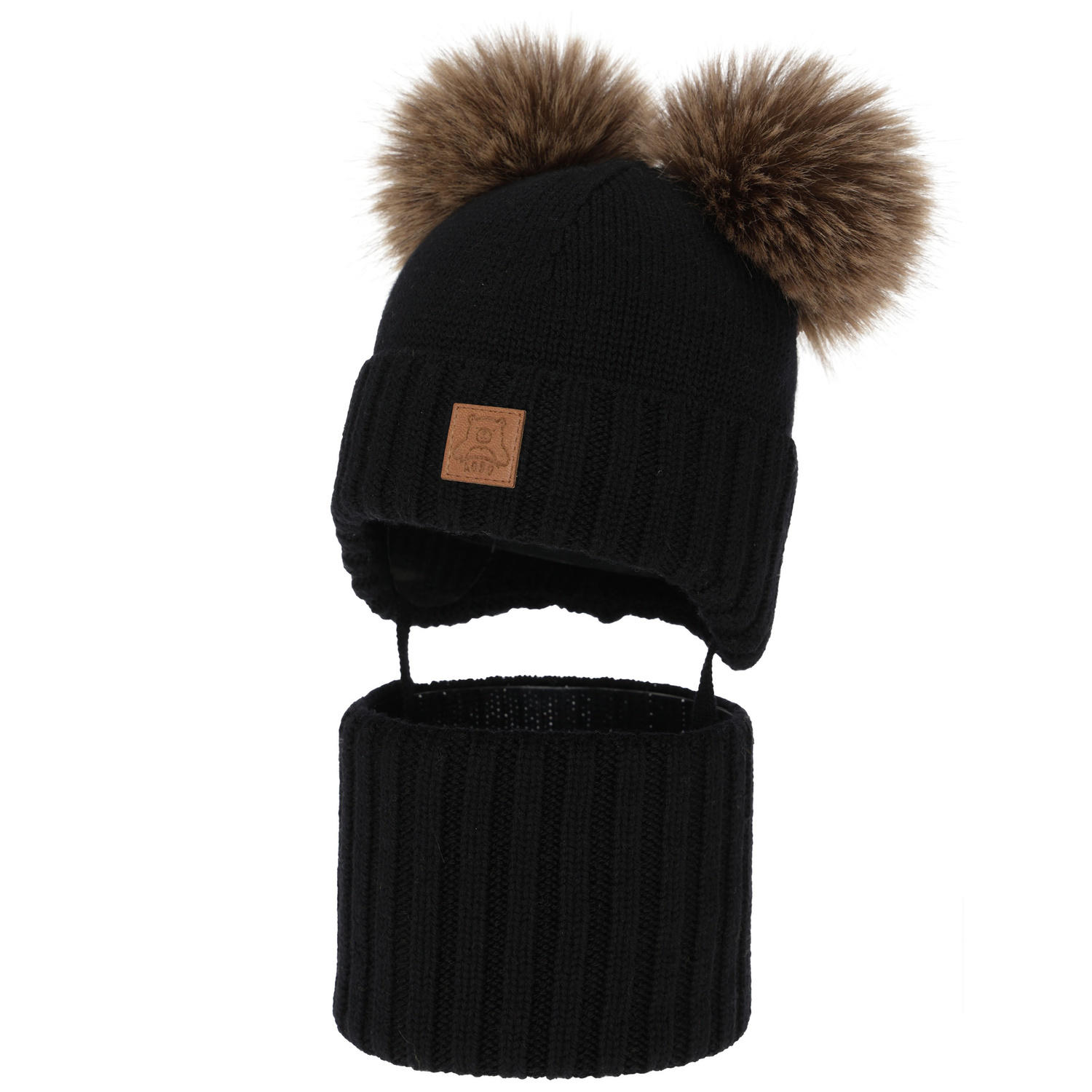Jungen Mütze und Schal, Winter Set, schwarz, 100% Merinowolle, gefüttert mit Wollfleece, Ronik