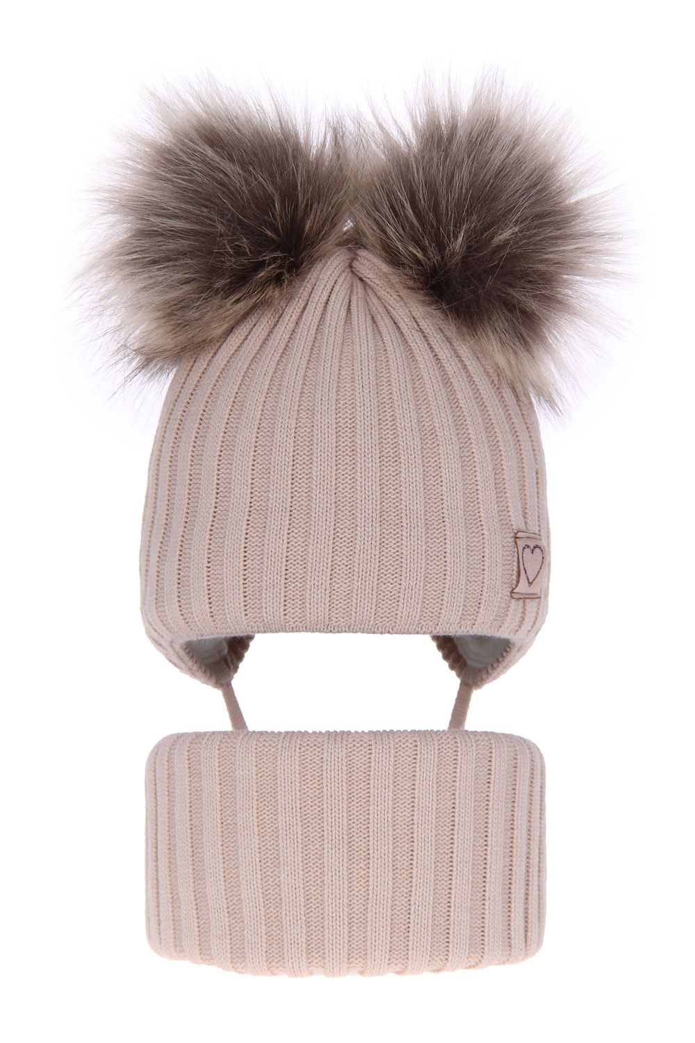 Winterset Mädchen: Mütze und Schlauchschal mit zwei Bommeln Beige Telisa