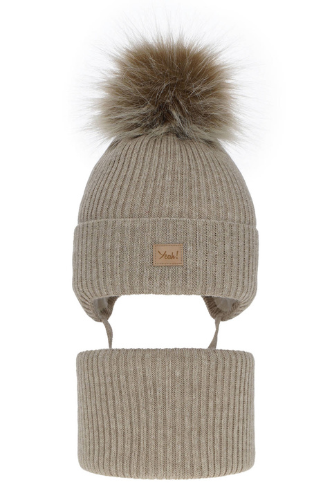 Winterset Mädchen: Mütze und Schlauchschal mit Bommel Beige Dilajla