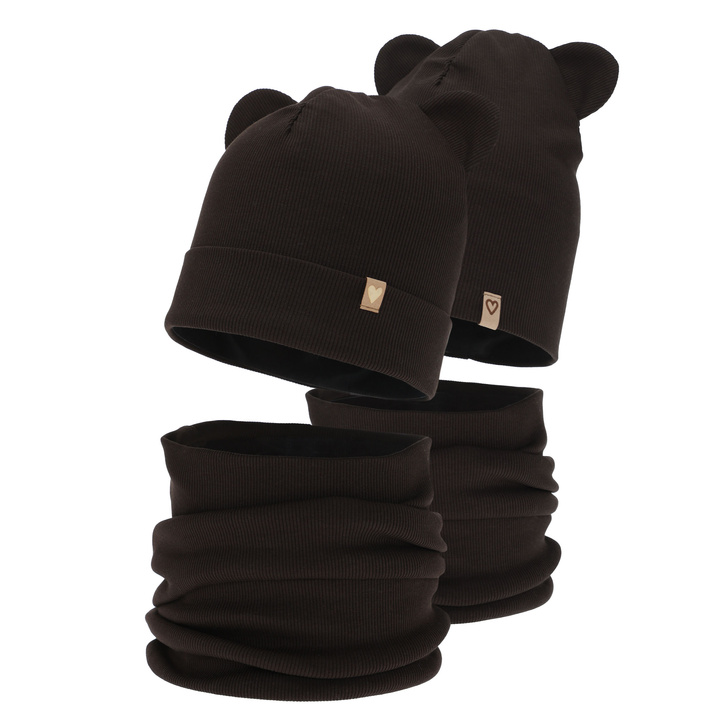 Herbst und Frühlingsset Mädchen: Mütze und Schlauchschal, dunkelbraun, Baumwolle, Luminia