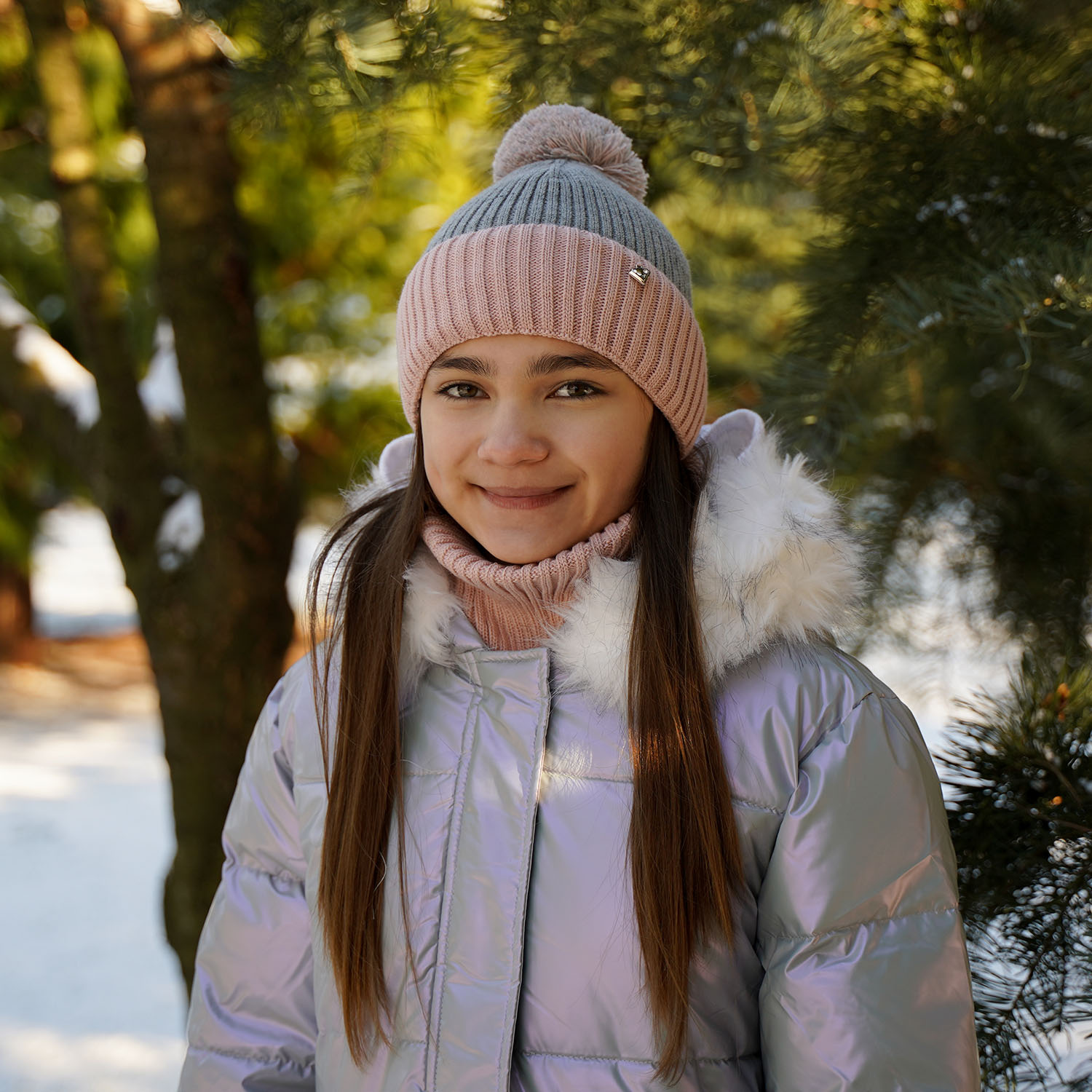 Winterset Mädchen: Mütze und Schlauchschal mit Bommel Grau Kolumbina