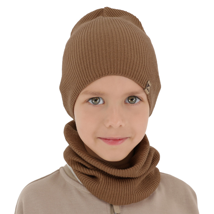 Herbst und Frühlingsset Jungen: Mütze und Schlauchschal, mit Baumwolle, camel, Lucer