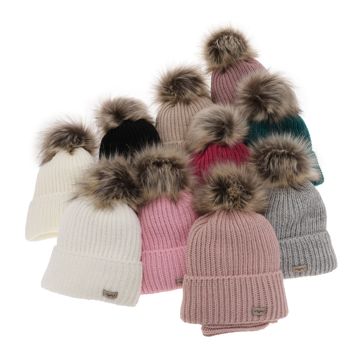 Winterset Mädchen: Mütze und Schlauchschal mit Bommel Schwarz Willow