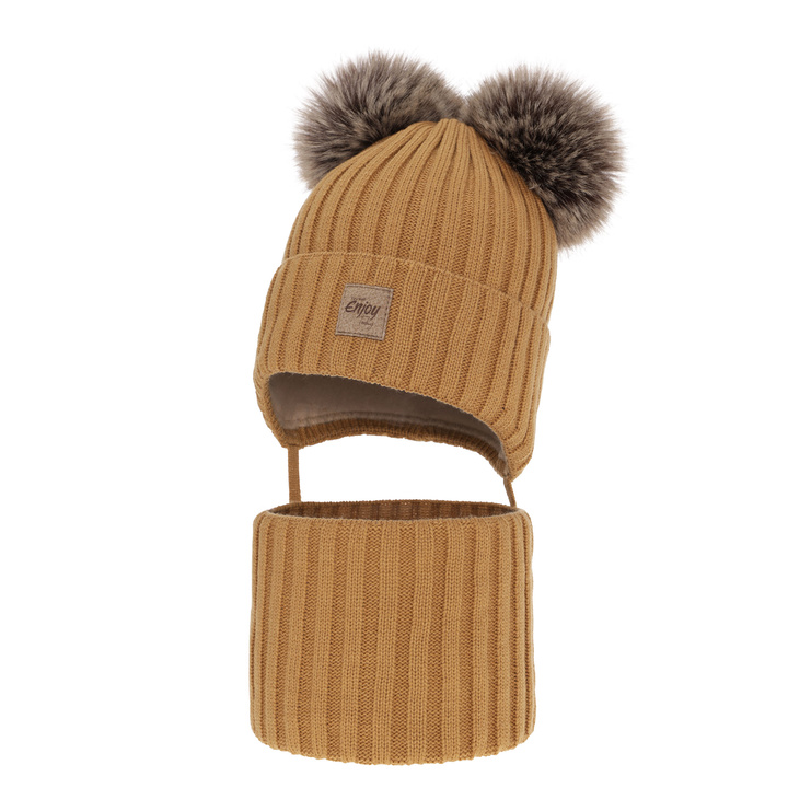Winterset für Jungen: Mütze und Schlauchschal mit zwei Bommeln Camel Orange