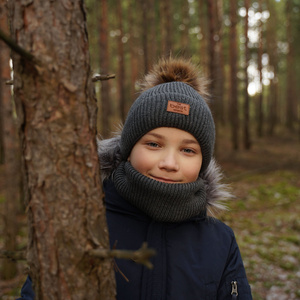 Winterset Jungen: Mütze und Schlauchschal mit Bommel Navy Blau Opal
