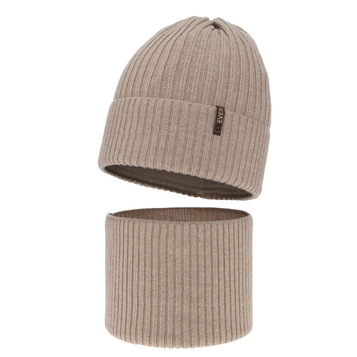 Winterset Jungen: Mütze und Schlauchschal, 100% Merinowolle, Beige, Gizmo