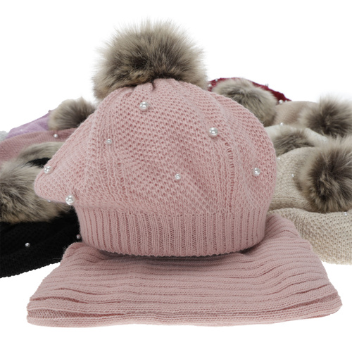 Winterset Mädchen: Beret und Schlauchschal, violett, mit Bommel, Fleecefutter, Jeanette