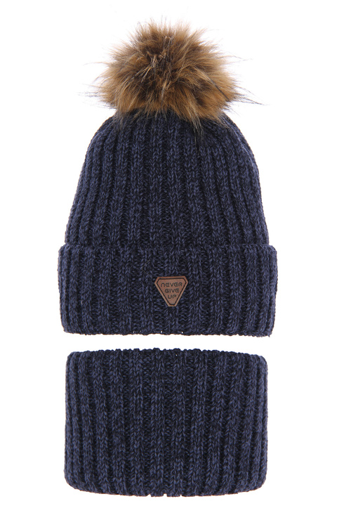 Winterset Jungen: Mütze und Schlauchschal mit Bommel Navy Blau Garet