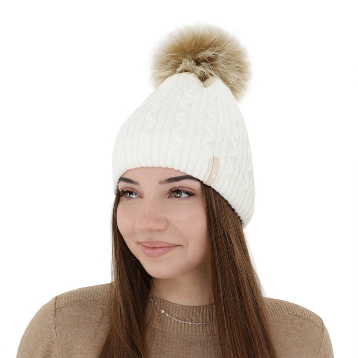 Wintermütze Damen mit Bommel Cremefarben Xena
