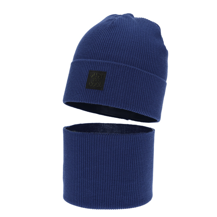 Herbst und Frühlingsset Jungen: Mütze und Schlauchschal, mit Baumwolle, blau, Jonas