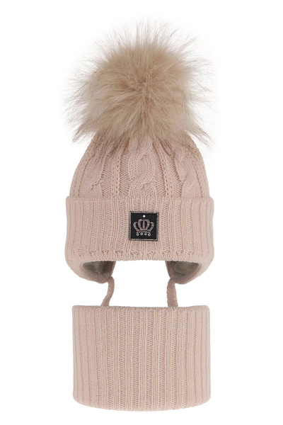 Winterset Mädchen: Mütze und Schlauchschal mit Bommel Beige Tigra