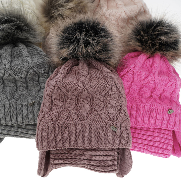 Winterset Mädchen: Mütze und Schlauchschal mit Bommel Rosa Elena