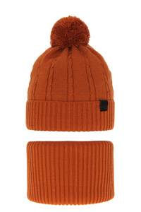 Winterset Jungen: Mütze und Schlauchschal mit Bommel Orange Deny