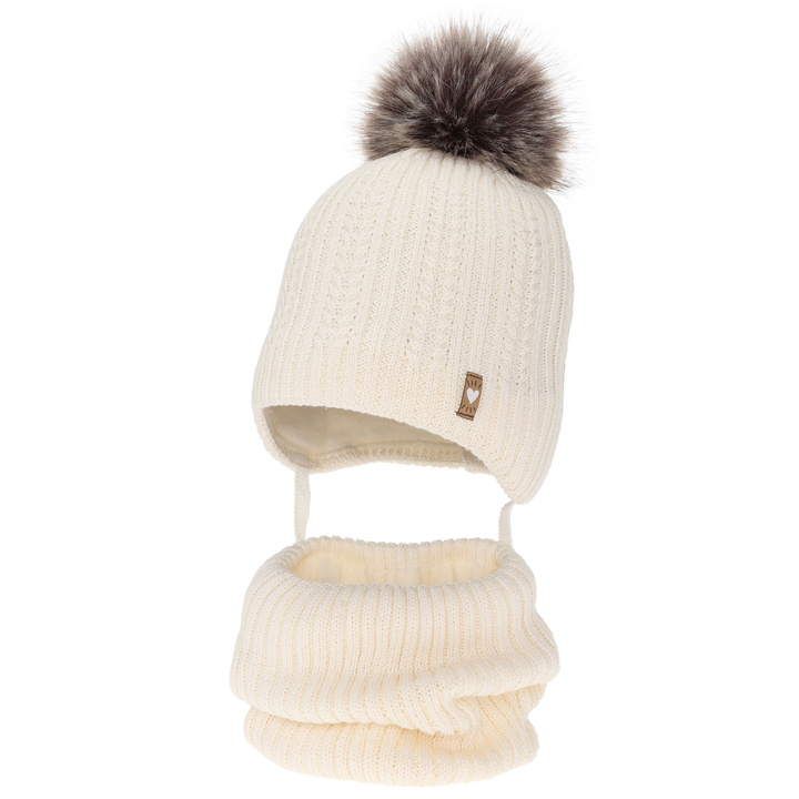 Winterset Mädchen: Mütze und Schlauchschal mit Merinowolle, Cremefarben, Muanda