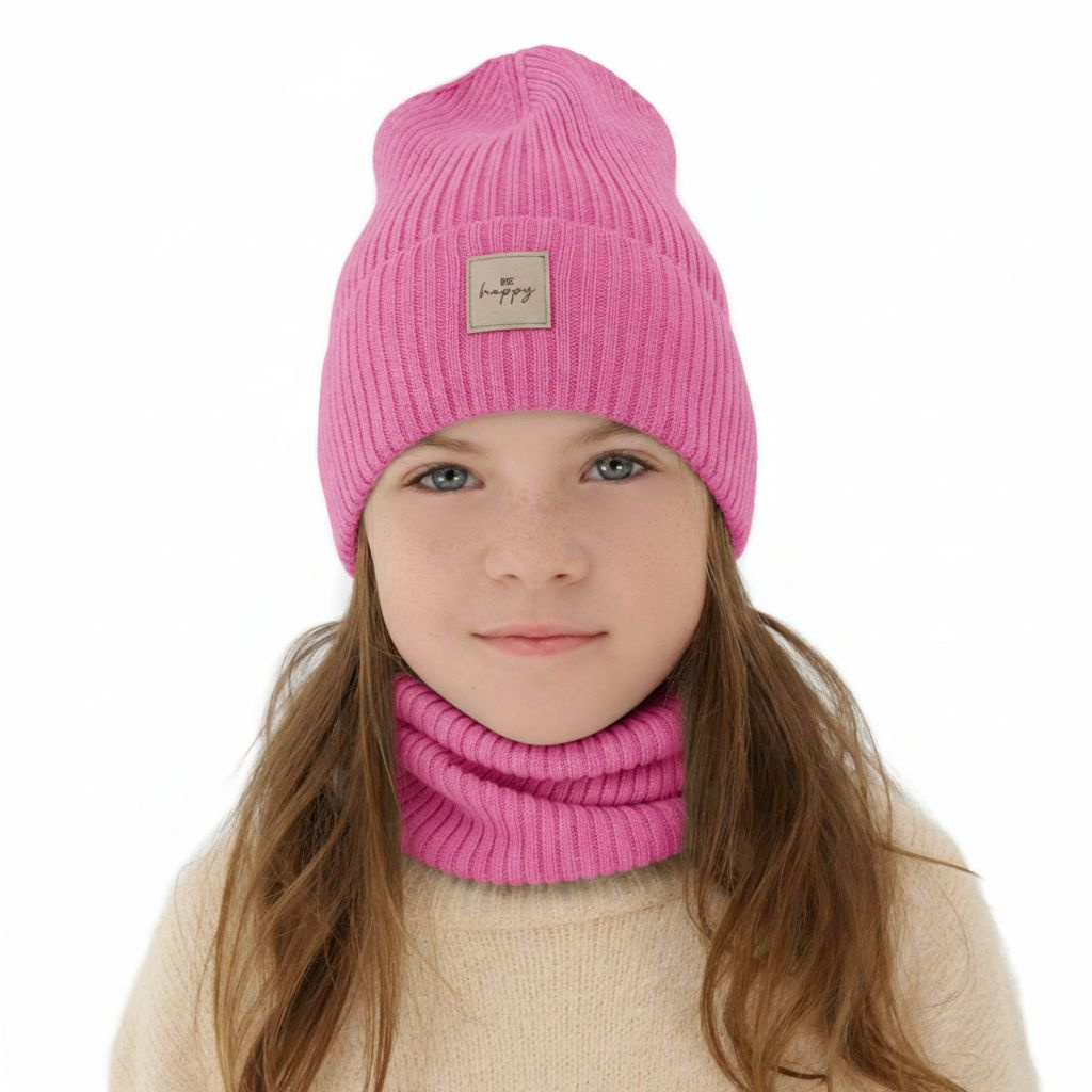 Herbst und Frühlingsset Mädchen: Mütze und Schlauchschal, 100% Merinowolle, Rosa, Vanita