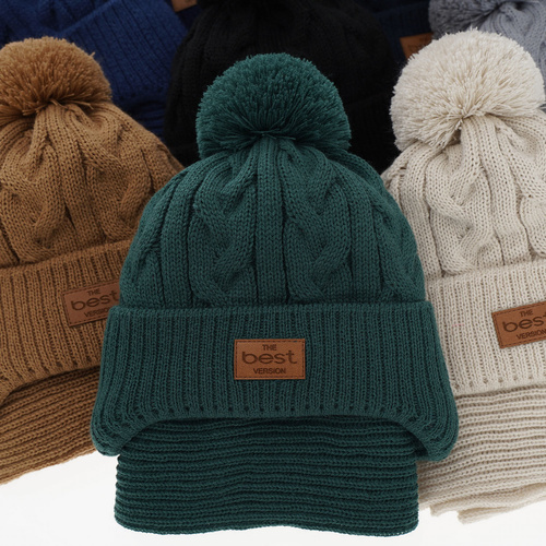 Winterset Jungen: Mütze und Schal mit Bommel Grün Remix