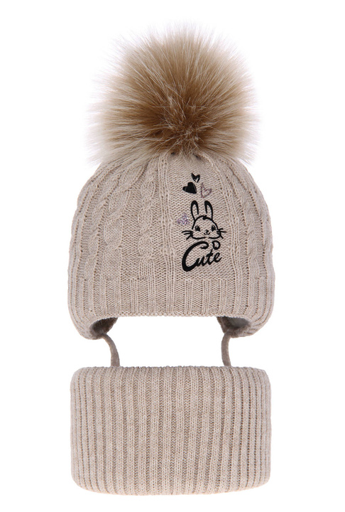 Winterset Mädchen: Mütze und Schlauchschal mit Bommel Beige Treccia