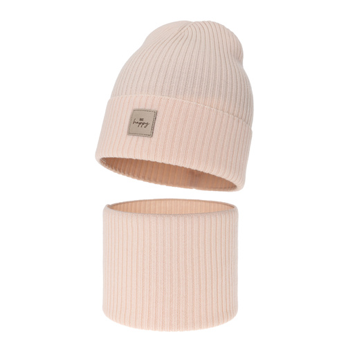 Herbst und Frühlingsset Mädchen: Mütze und Schlauchschal, 100% Merinowolle, Rosa, Vanita