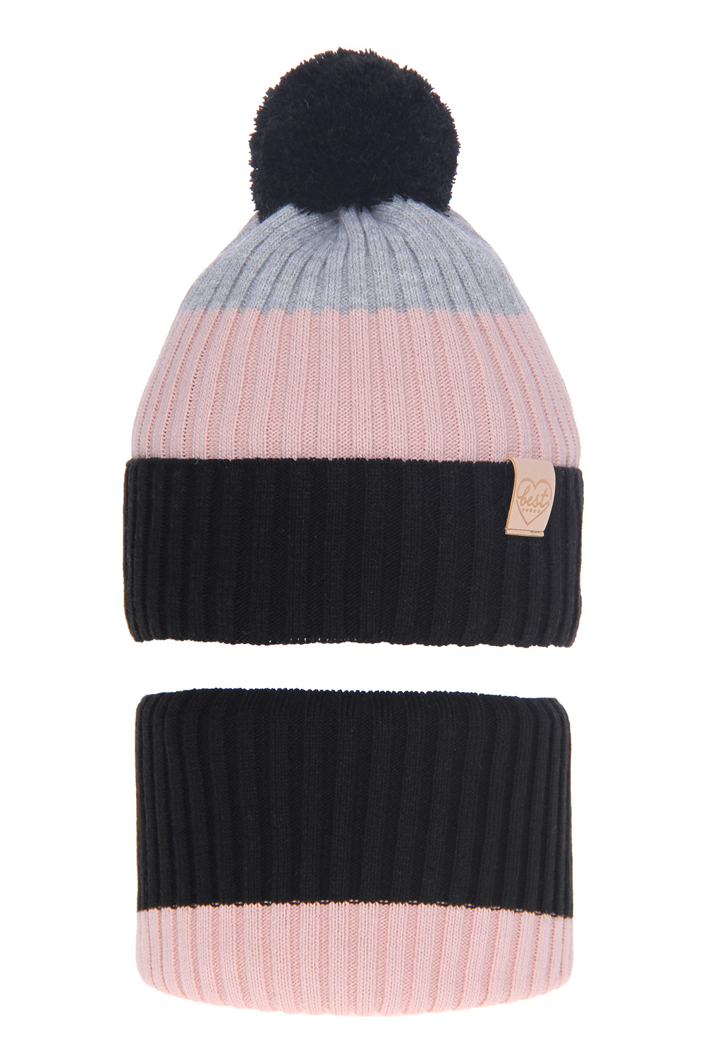 Winterset Mädchen: Mütze und Schlauchschal mit Bommel Schwarz Indiana