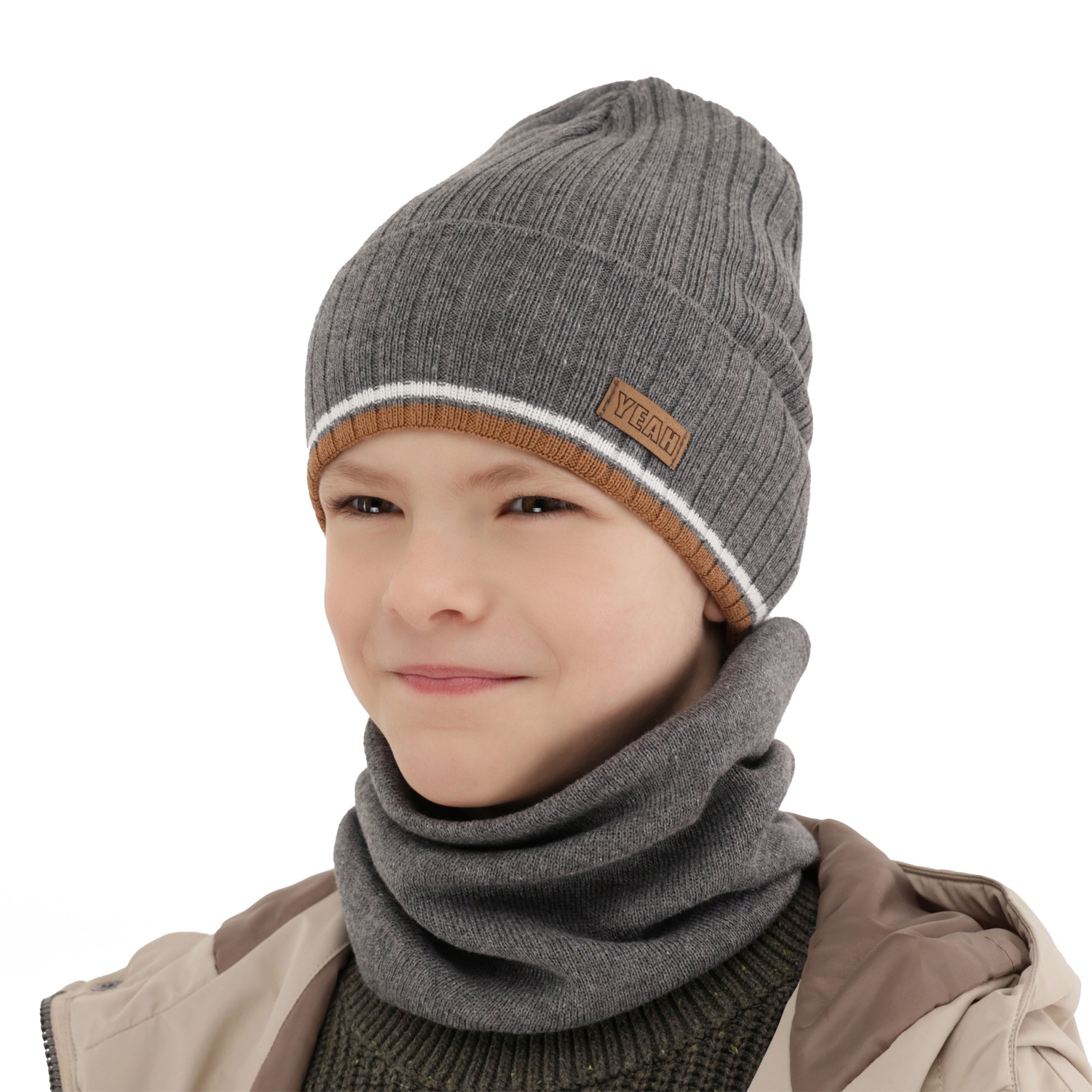 Herbst und Frühlingsset Jungen: Mütze und Schlauchschal, mit Baumwolle, Camel London