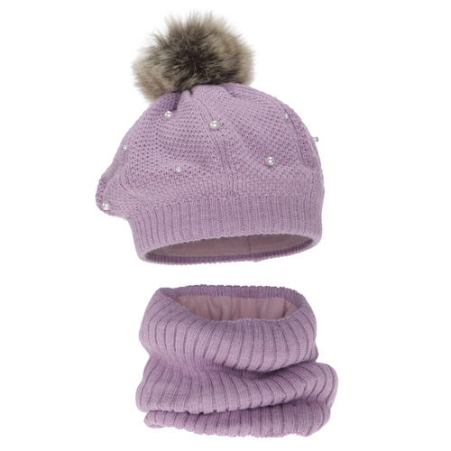 Winterset Mädchen: Beret und Schlauchschal, violett, mit Bommel, Fleecefutter, Jeanette