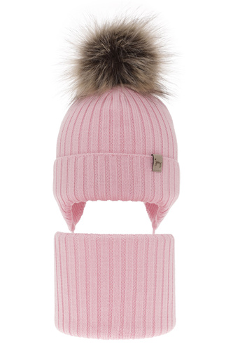 Winterset Mädchen: Mütze und Schlauchschal aus 100% extrafeiner Merinowolle in Rosa Junika