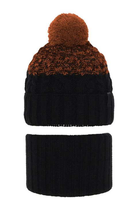 Winterset Jungen: Mütze und Schlauchschal mit Bommel Schwarz Travis