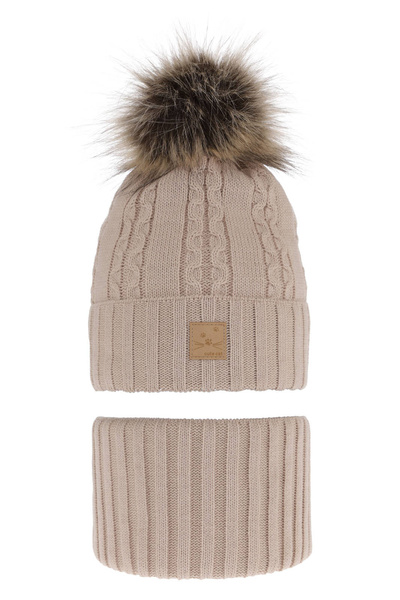 Winterset Mädchen: Mütze und Schlauchschal mit Bommel Beige Alexia