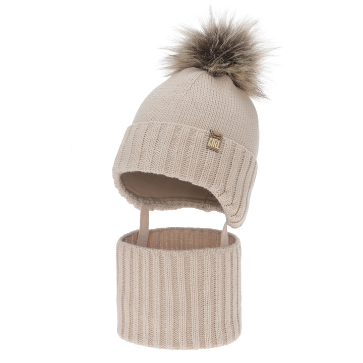 Winterset Mädchen: Mütze und Schlauchschal, Winter, beige, mit Bommel, Primula