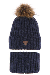 Winterset Jungen: Mütze und Schlauchschal mit Bommel Navy Blau Garet