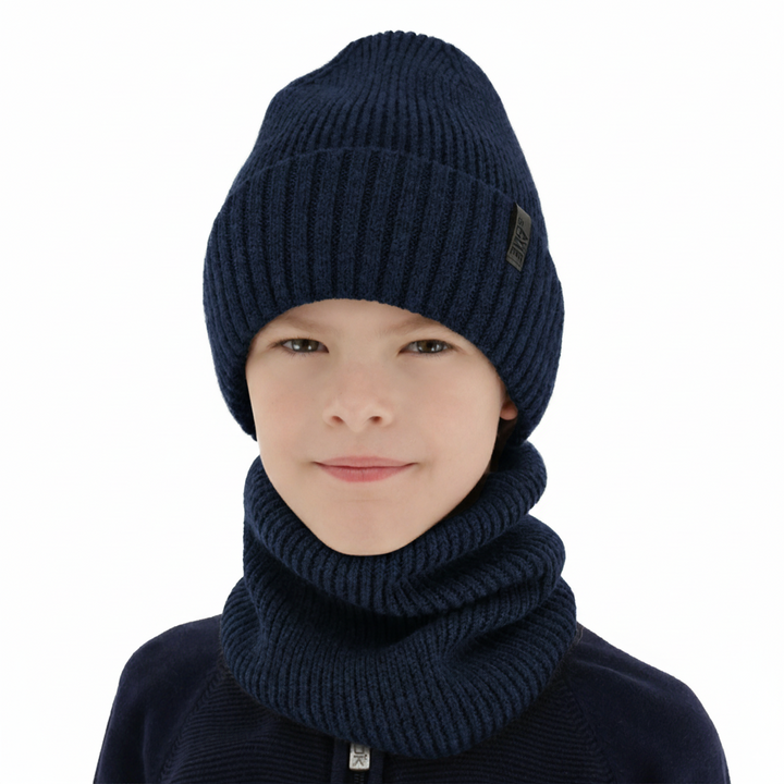Mütze und Schlauchschal für Jungen, Winterset, 100% Merinowolle, mit Merinowolle-Futter, dunkelblau Harbin