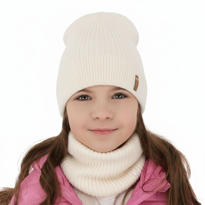 Herbst und Frühlingsset Mädchen: Mütze und Schlauchschal 100% extrafeine Merinowolle Cremefarben Chelsie