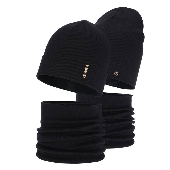 Herbst und Frühlingsset Jungen: Mütze und Schlauchschal, Baumwolle, schwarz, Desider