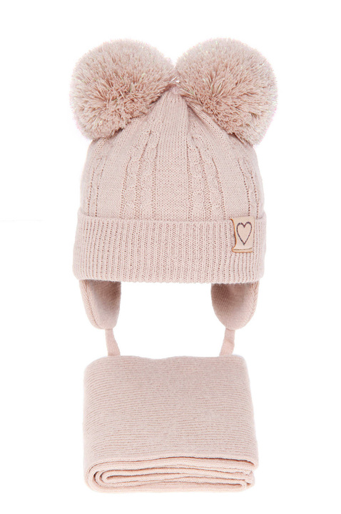 Winterset Mädchen: Mütze und Schal mit zwei Bommeln Beige Rozi