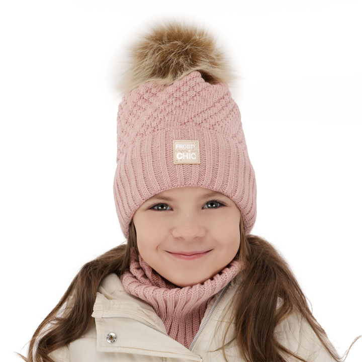 Winterset Mädchen: Mütze und Schlauchschal mit Bommel Rosa Alena
