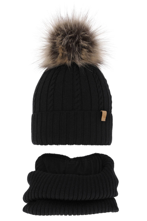 Winterset für Mädchen: Mütze und Schlauchschal aus Merinowolle in Schwarz Mirabel